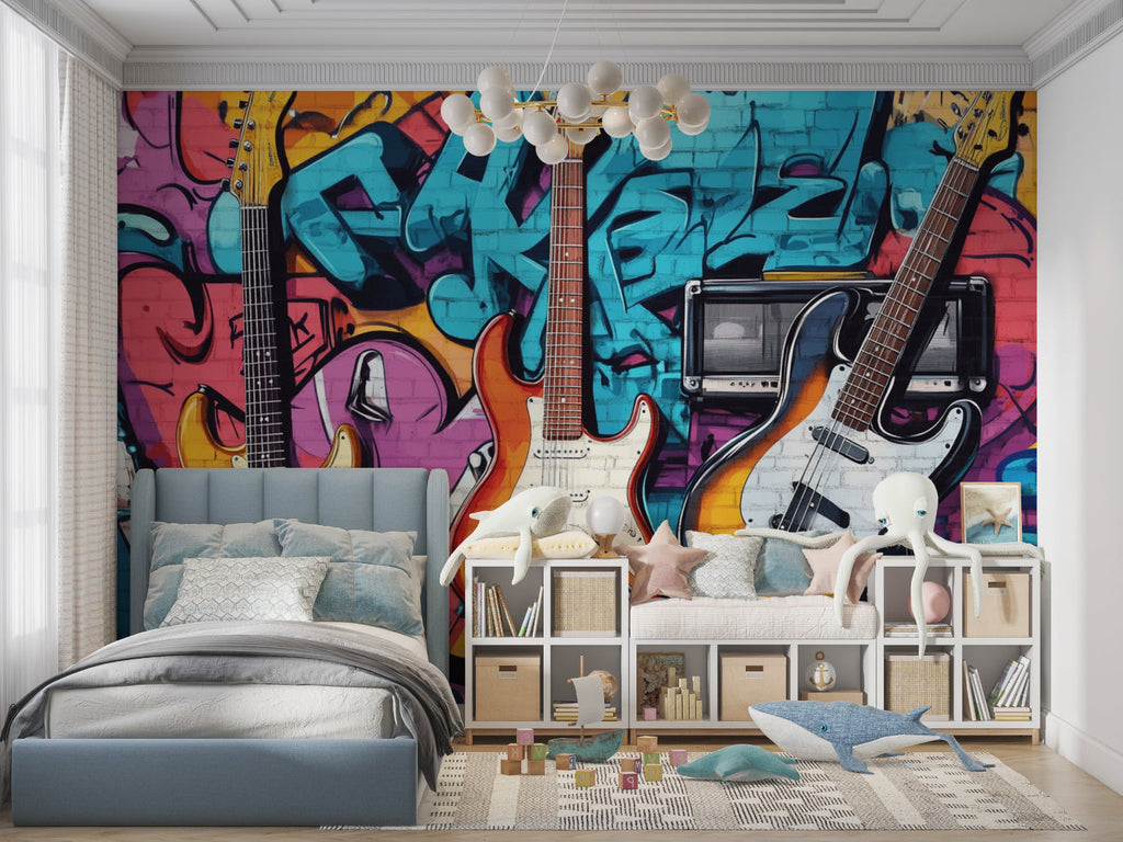 Street art music wallpaper transforming a living room wall with bold guitar design