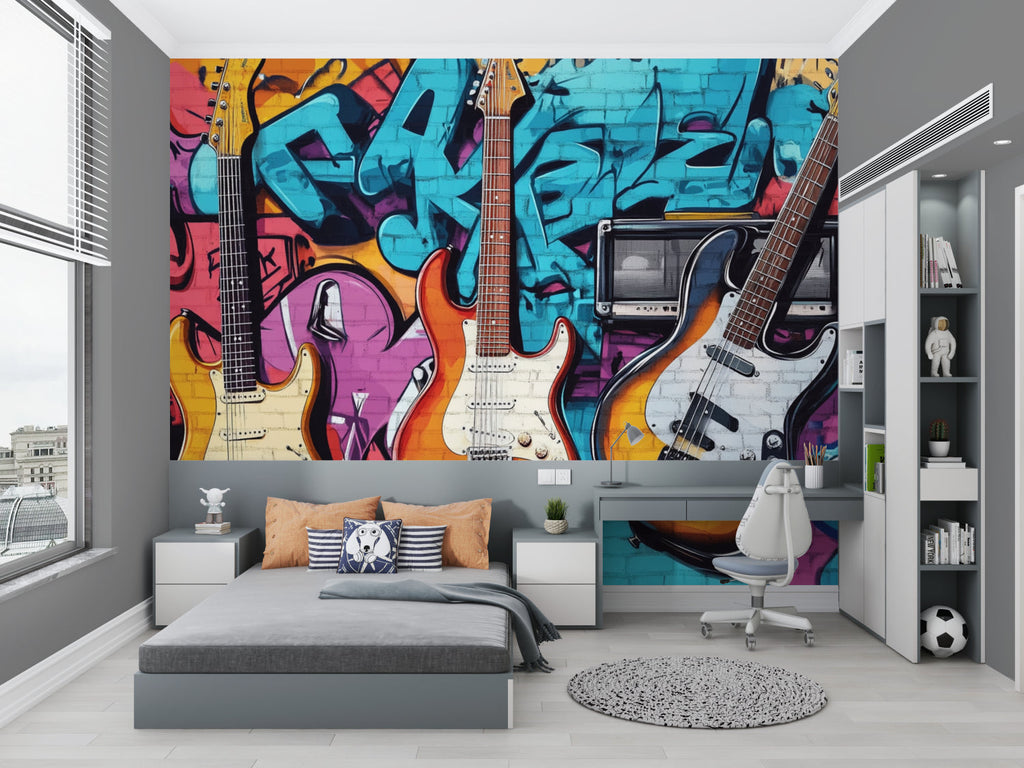 Guitar wall mural adding street style to a gaming room setup