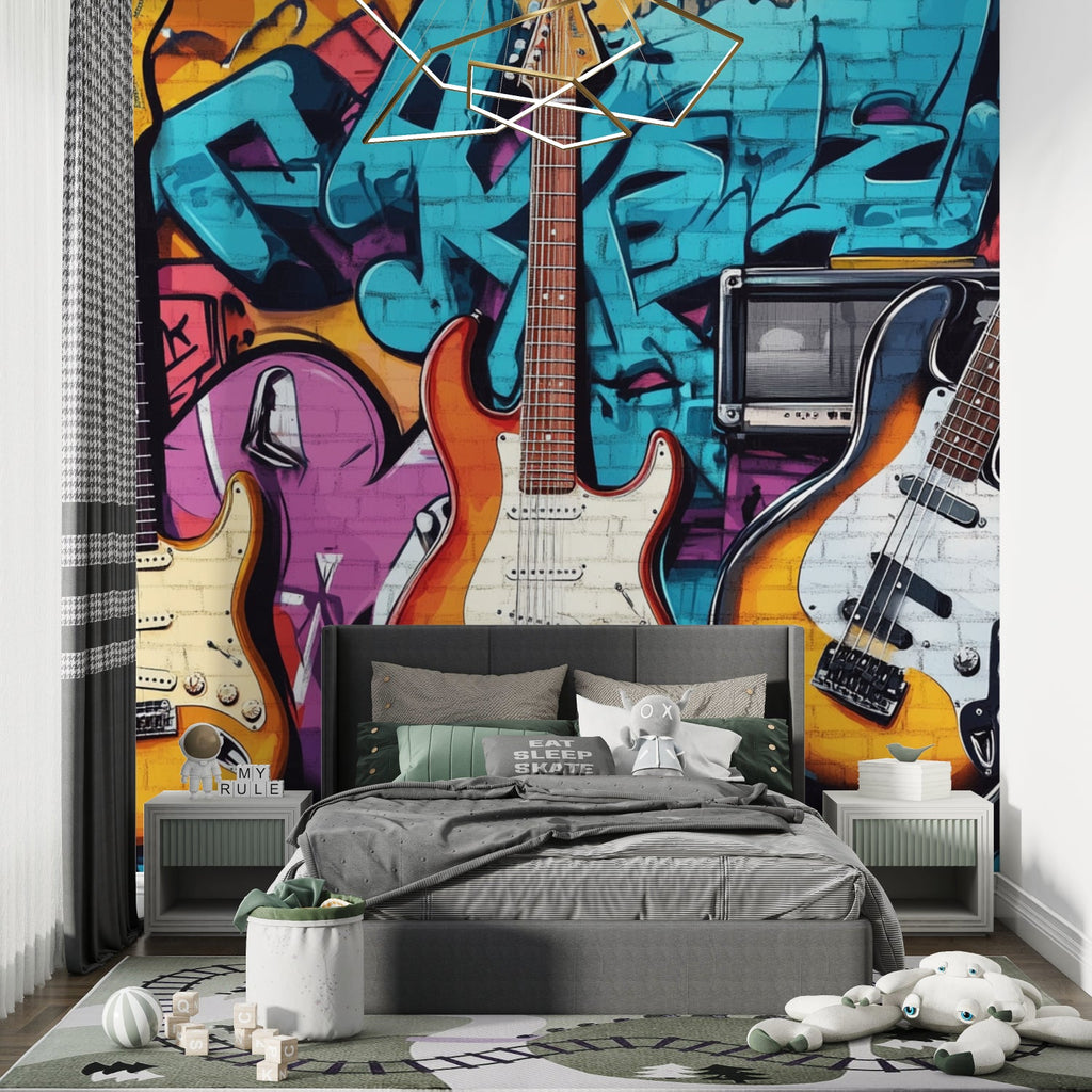 Music themed graffiti design energizing a home office space
