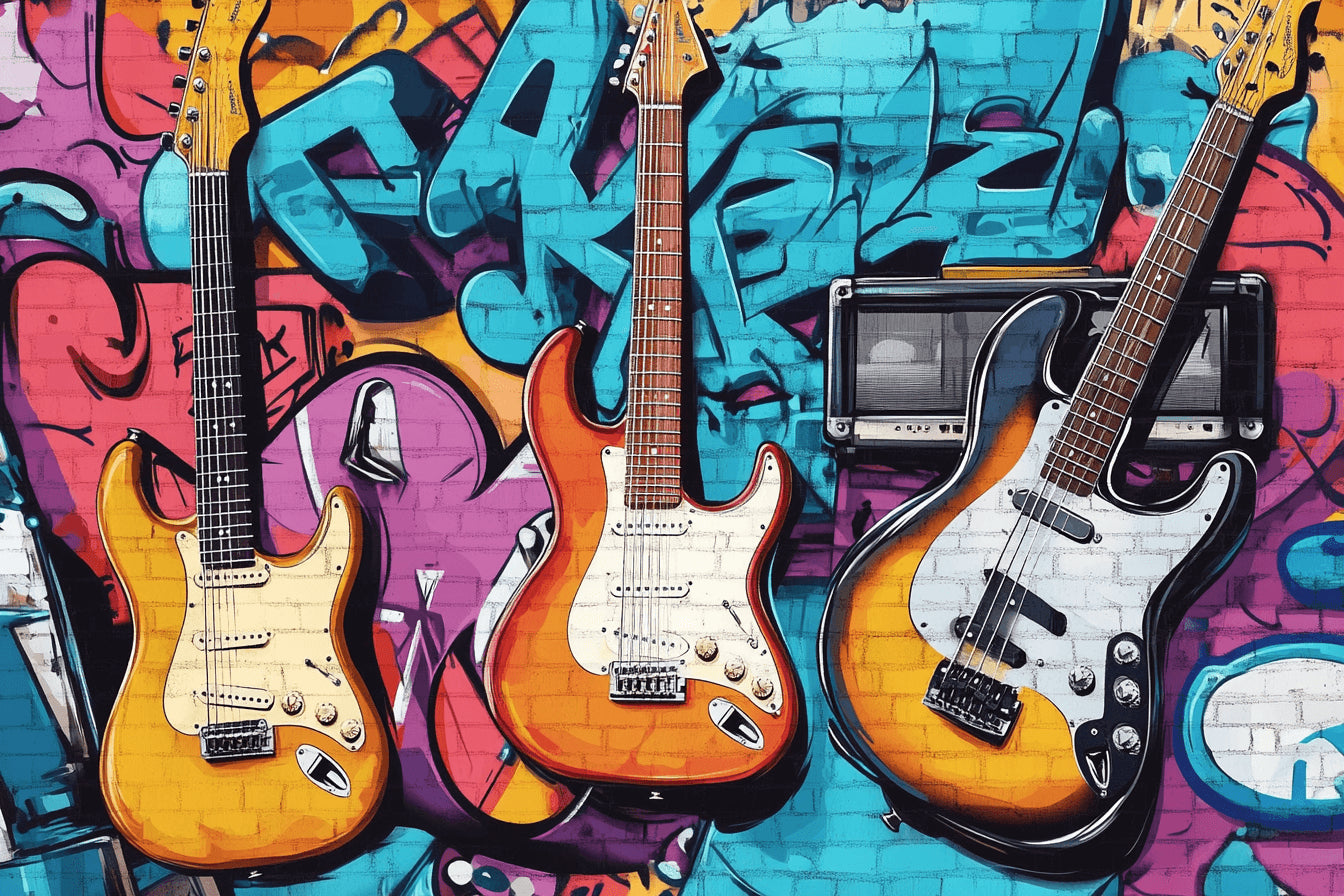 Design file showing detailed urban graffiti guitar pattern with vibrant street art elements