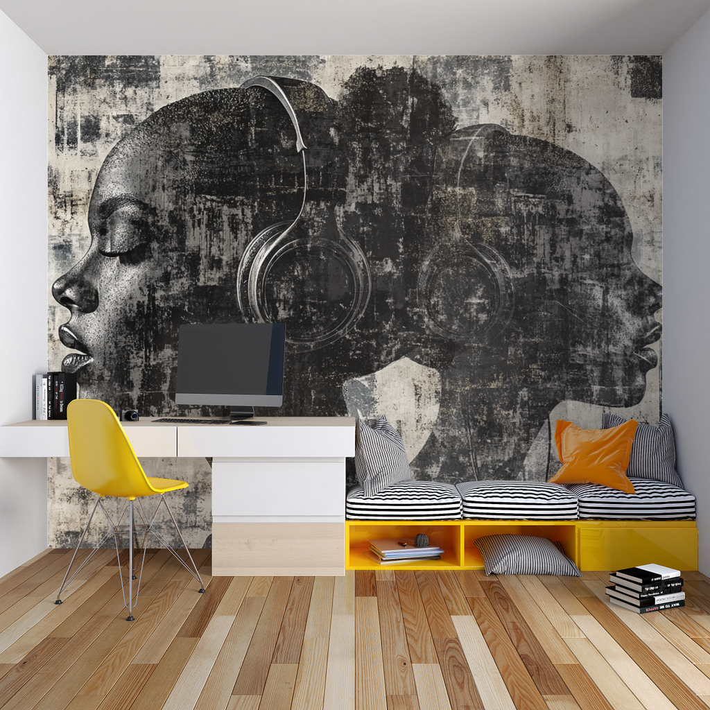 Music themed wallpaper with headphones design styled in modern living room with black furniture