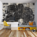 Music themed wallpaper with headphones design styled in modern living room with black furniture