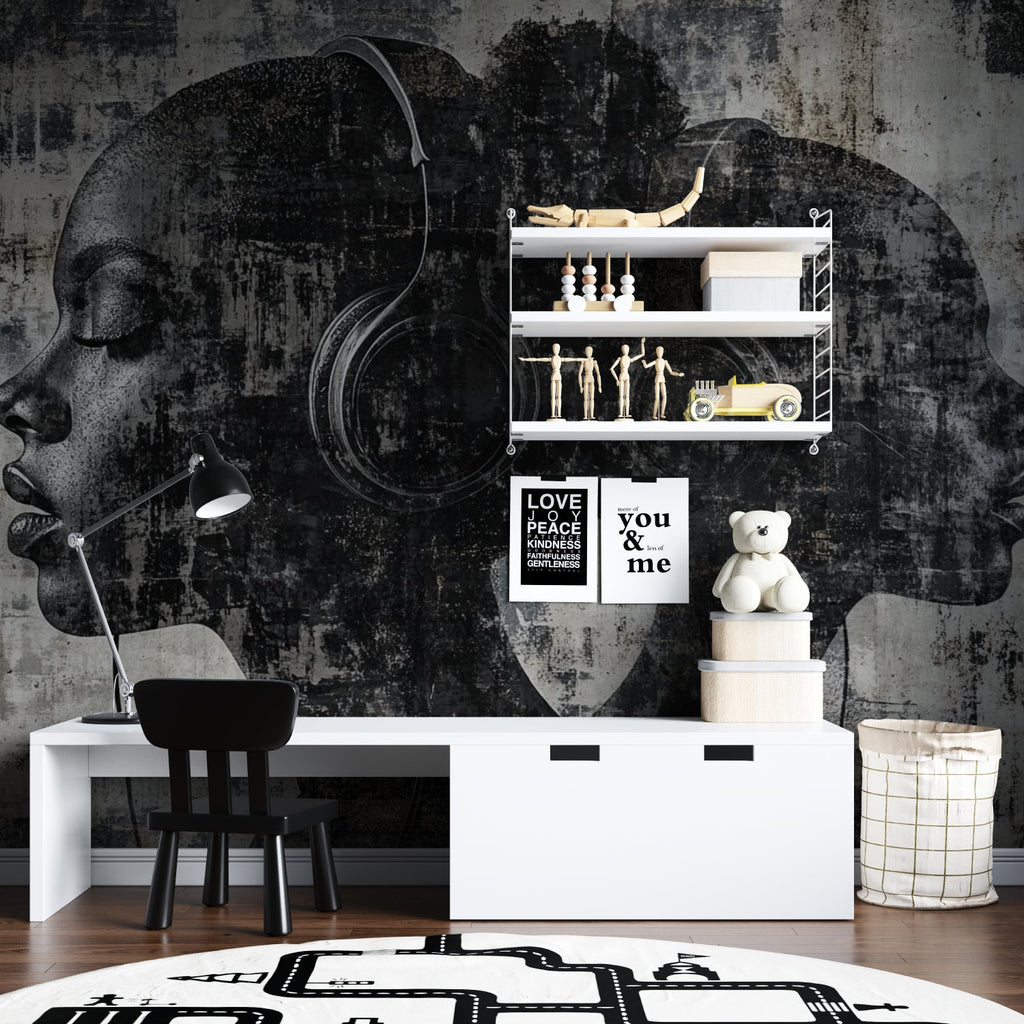 Urban headphones wall mural creating focal point in teen bedroom with gaming setup