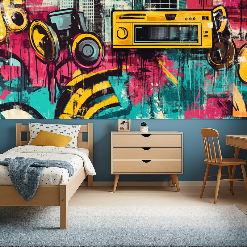 Urban graffiti wallpaper installed in a music studio featuring vintage radio artwork