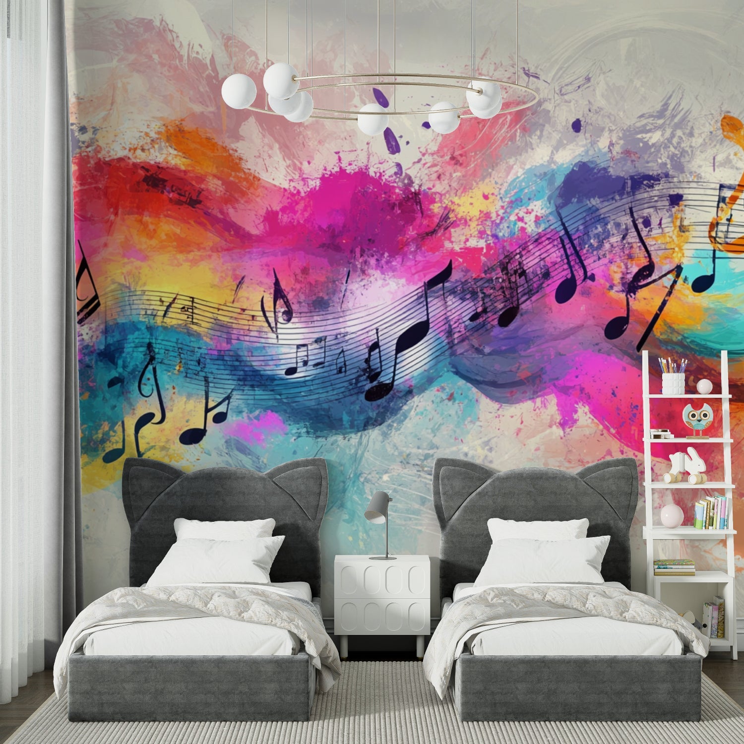 Teen bedroom showcasing vibrant music note wall mural above study desk