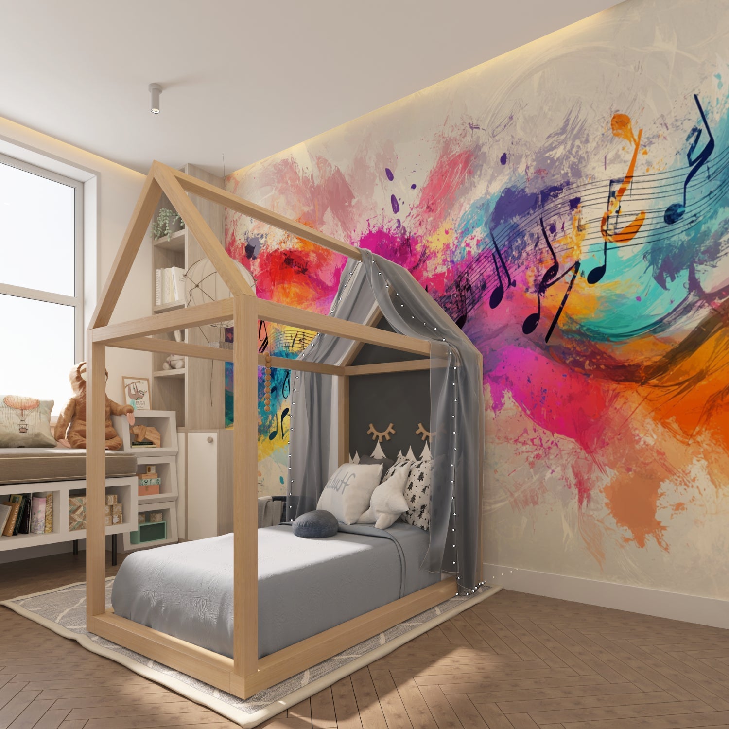 Music studio wall decorated with colorful watercolor music notes mural