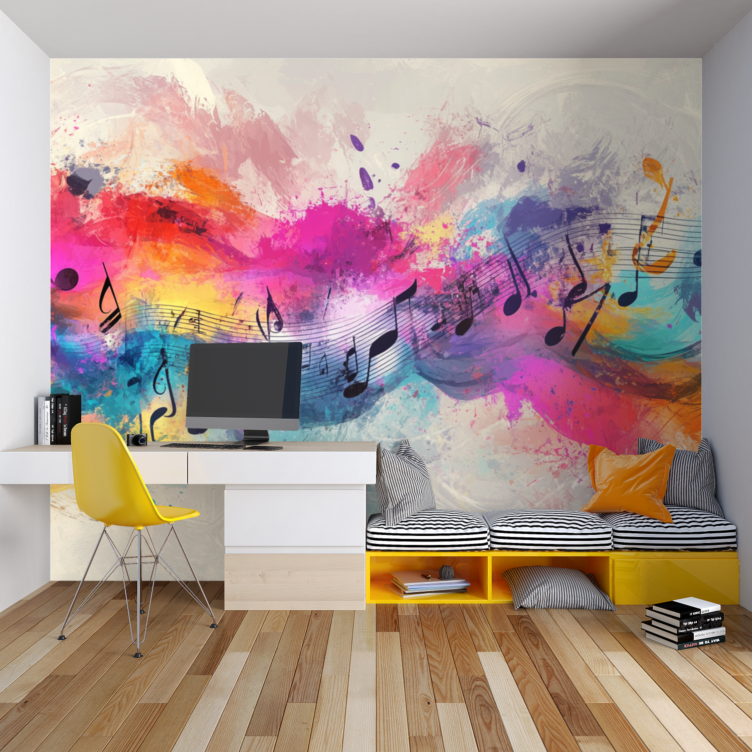 Home office featuring musical notes wall mural in bright watercolor design