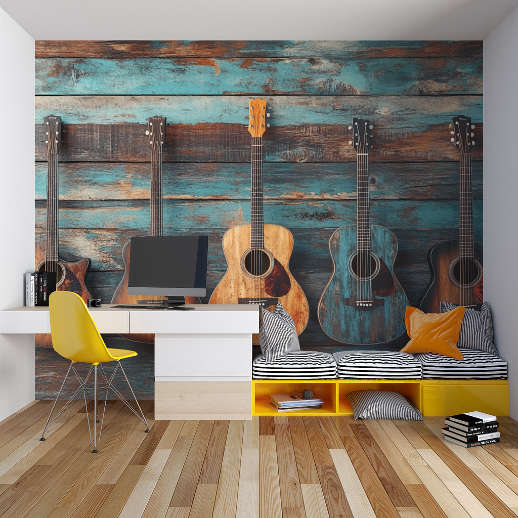 Home studio featuring Guitar wall mural, modern furniture against vintage acoustic design
