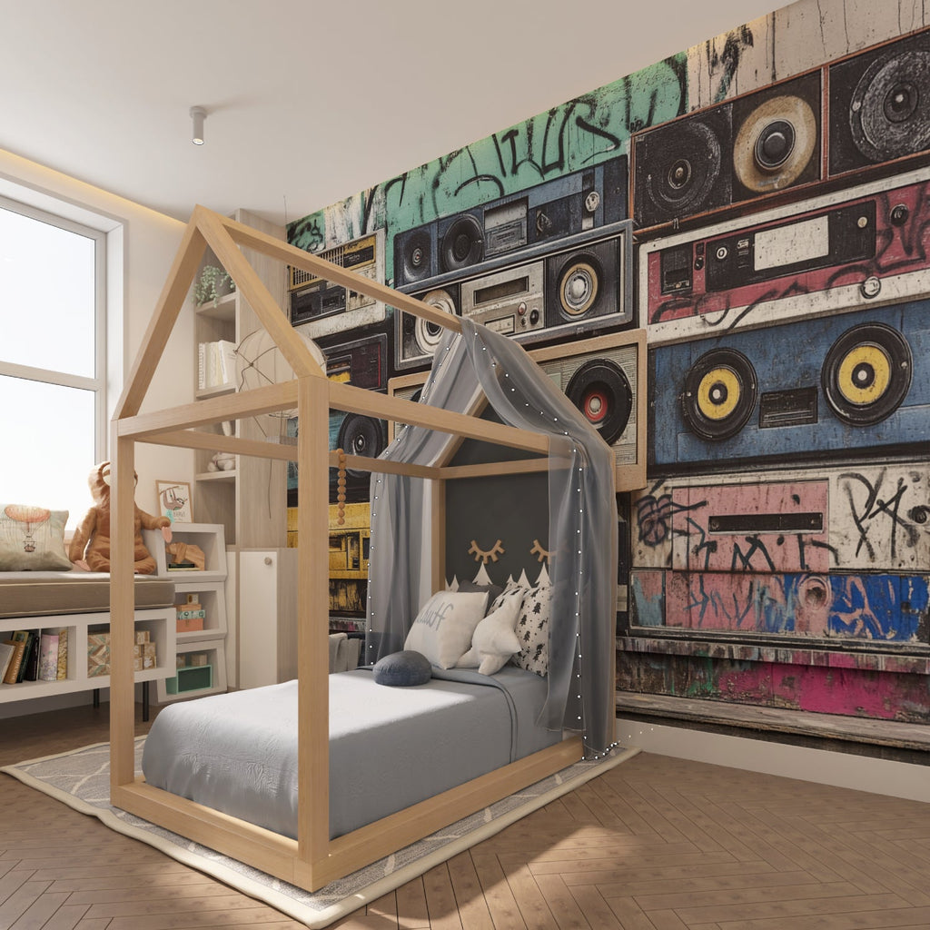 Music studio featuring vintage boombox wall mural with urban street art elements