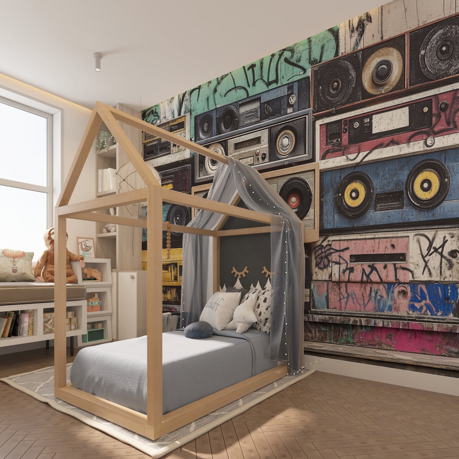 Music studio featuring vintage boombox wall mural with urban street art elements