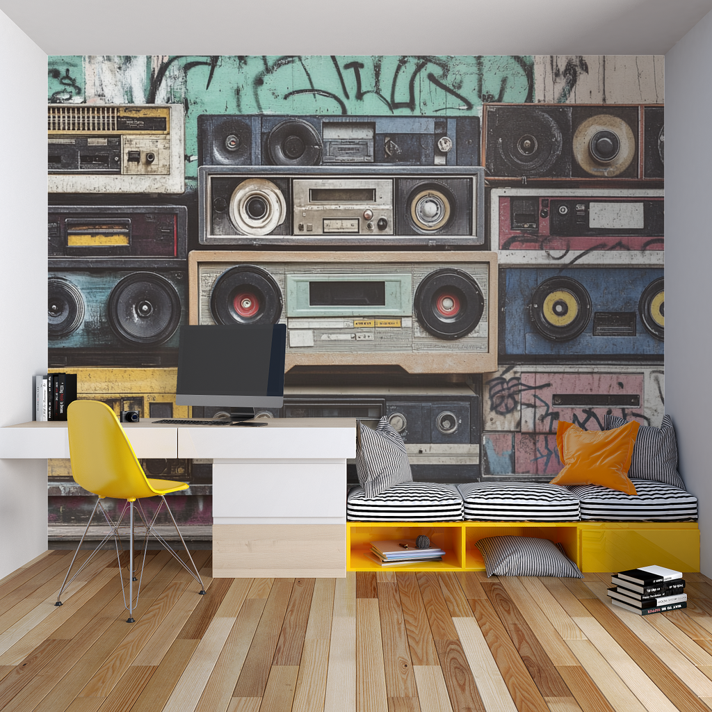 Record store display with vintage music equipment wallpaper installation
