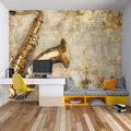 Vintage Saxophone Music Wallpaper in modern living room creating warm jazz atmosphere