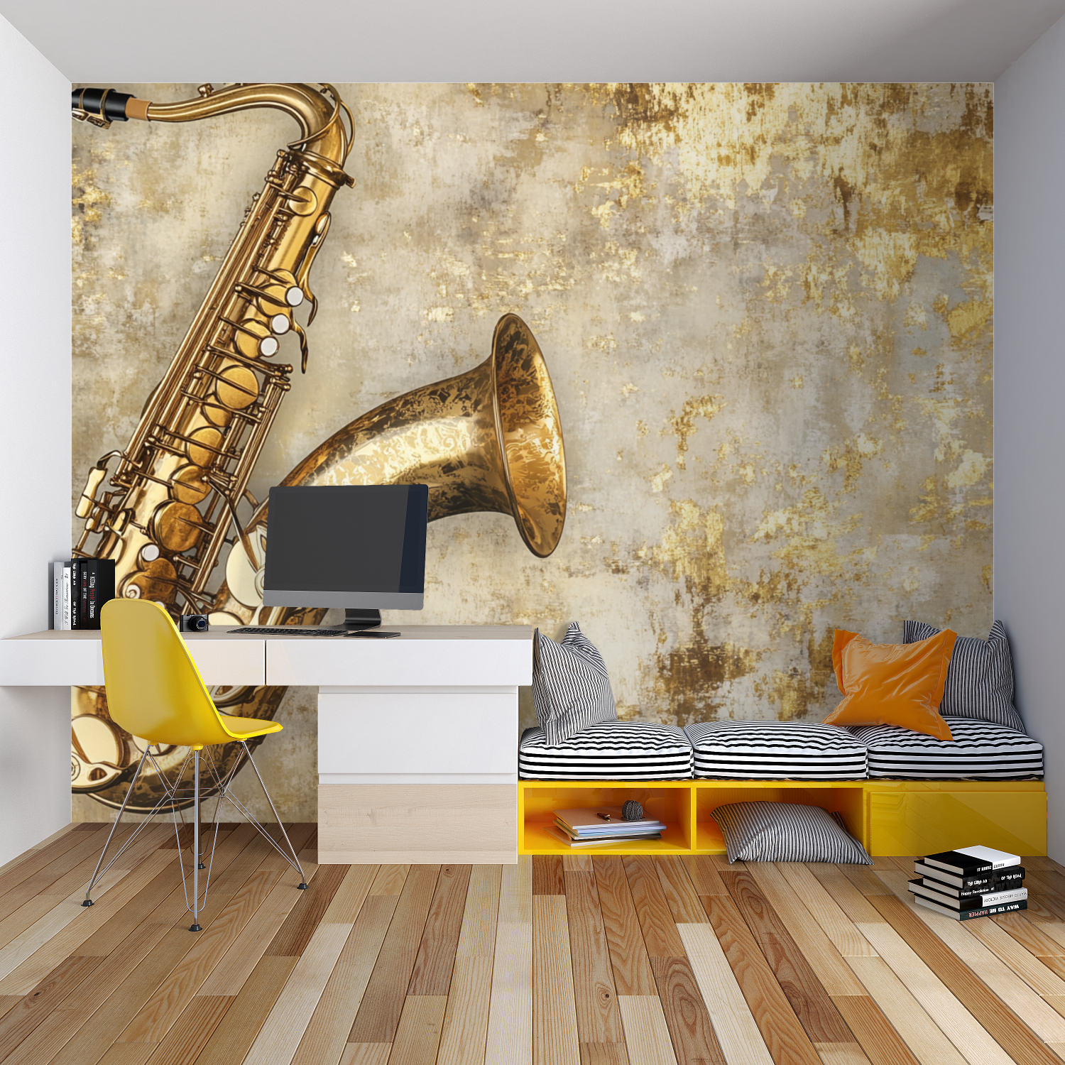 Vintage Saxophone Music Wallpaper in modern living room creating warm jazz atmosphere