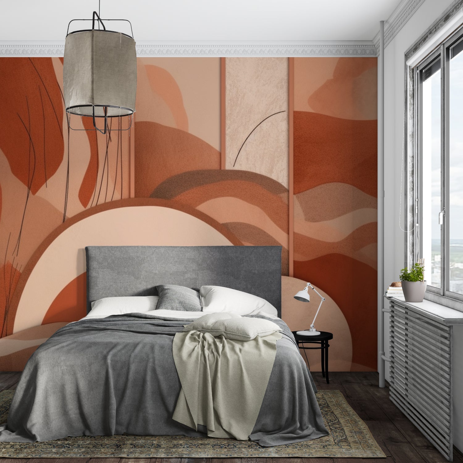 Guitar mural wallpaper in modern living room showing urban style and turquoise tones