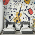 Musical instrument wallpaper in modern living room showing vintage violins and notes pattern