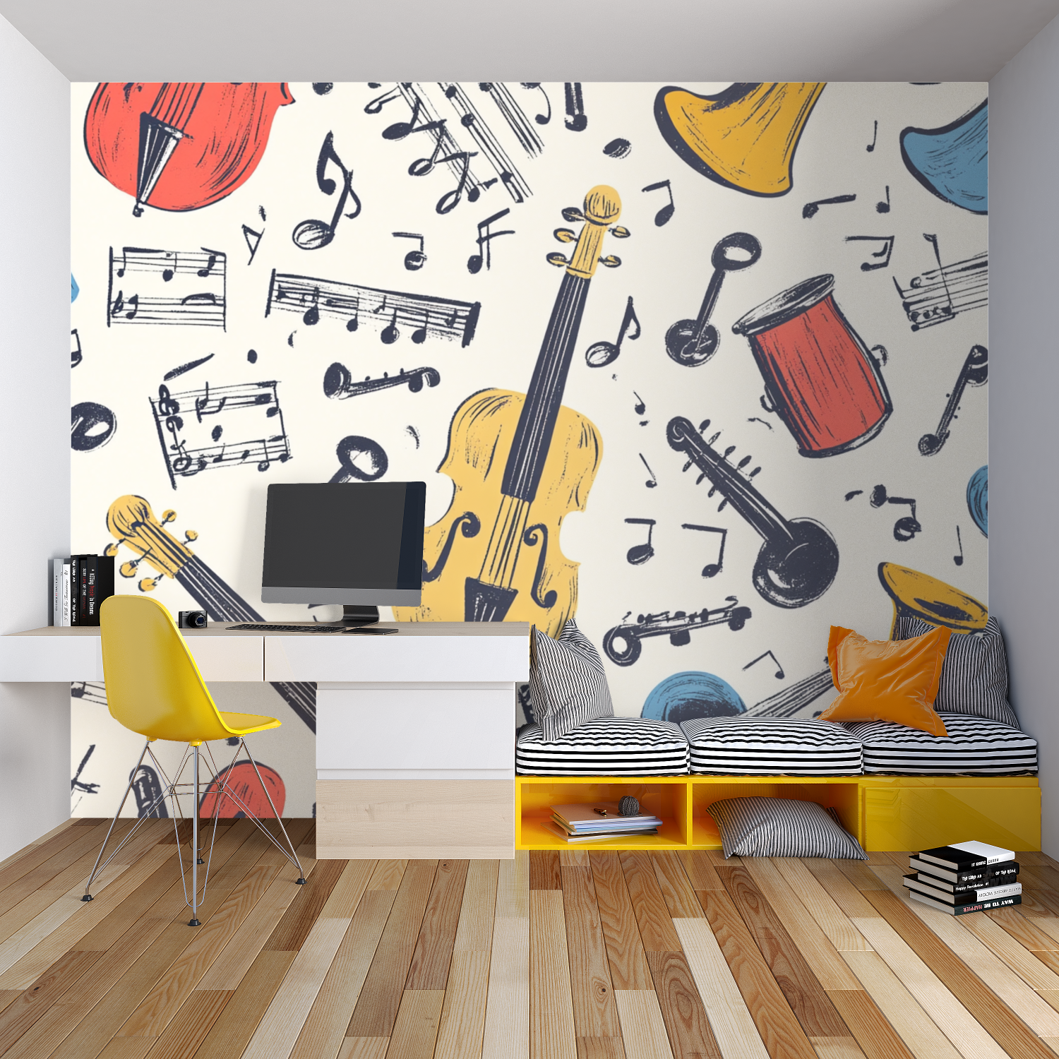 Vintage music wallpaper showcased in home studio with golden instruments