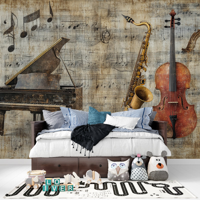 Music wallpaper with vintage instruments bringing sophistication to a modern living room setting