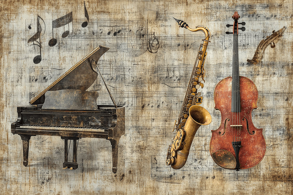 Design file showing detailed vintage piano, saxophone and cello pattern on aged musical score background