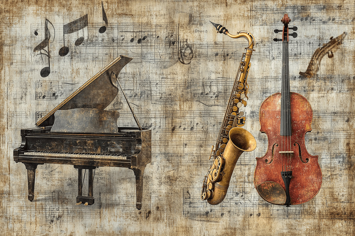 Design file showing detailed vintage piano, saxophone and cello pattern on aged musical score background