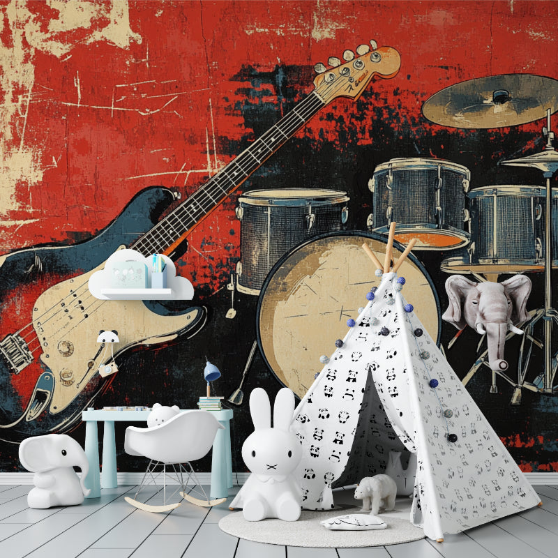 Rock music wallpaper bringing life to a modern living room with vintage instruments design