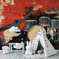 Rock music wallpaper bringing life to a modern living room with vintage instruments design