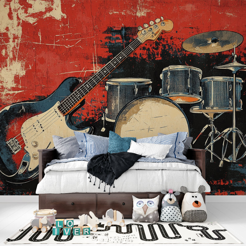 Music themed wall mural in teen bedroom showing electric guitar and drums