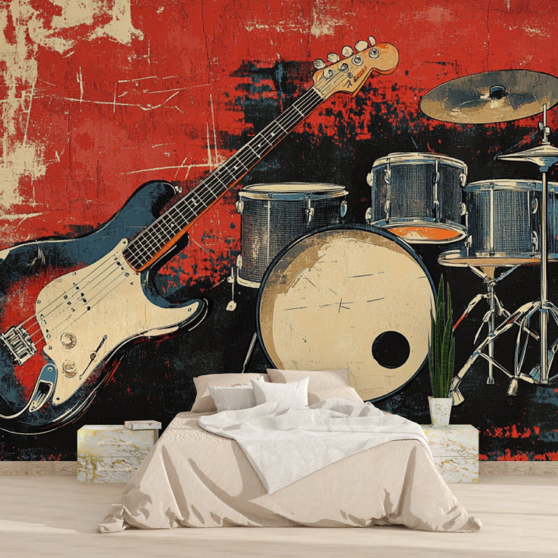 Vintage rock band wallpaper creating atmosphere in home music studio