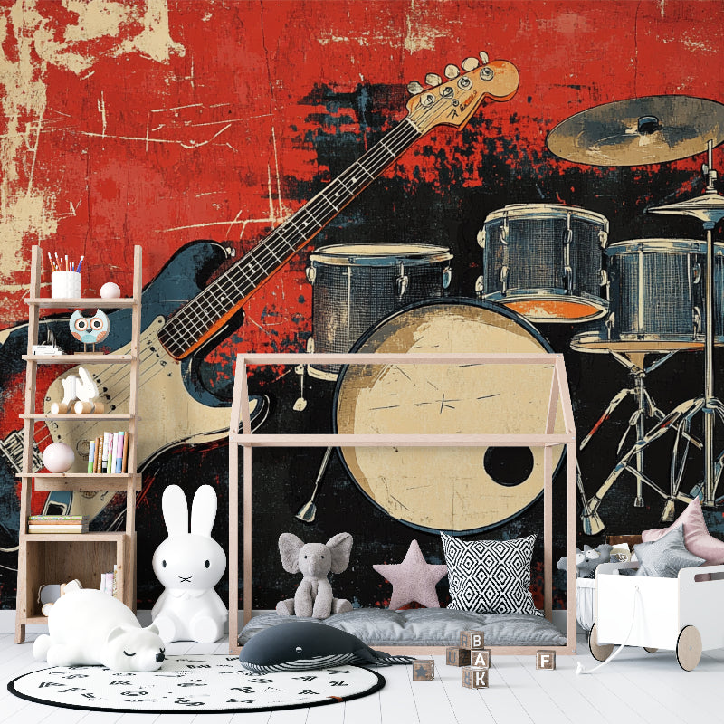Rock and roll wallpaper installation in contemporary entertainment room
