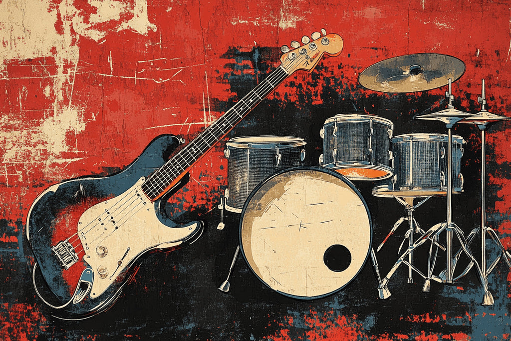 Vintage rock band instruments wallpaper design file showing detailed pattern and rich colors