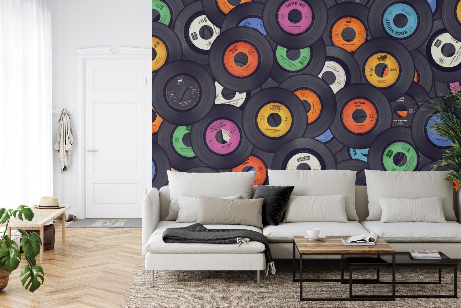 Music studio featuring vintage vinyl record wall mural, showcasing recording equipment and instruments