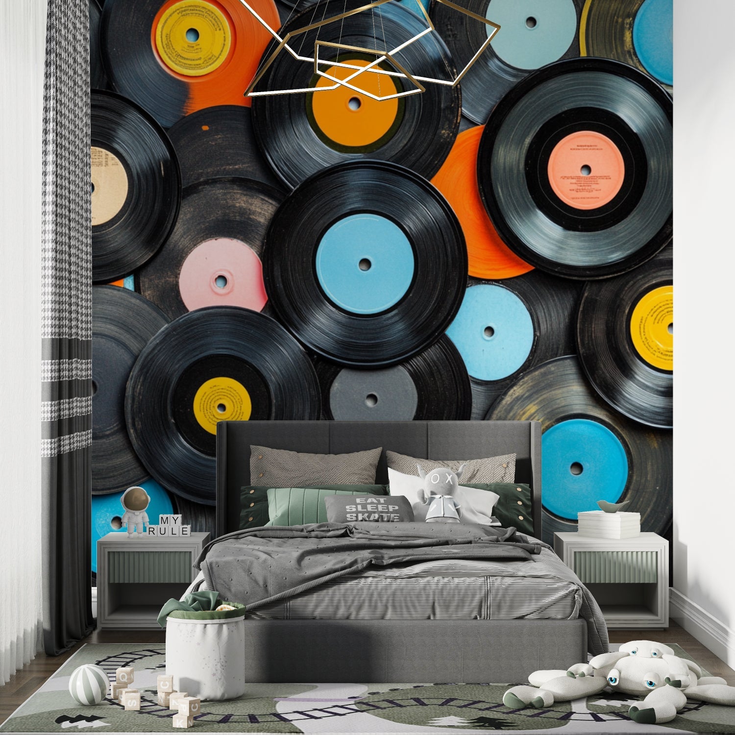 Home studio space with vinyl record wall mural and modern furniture