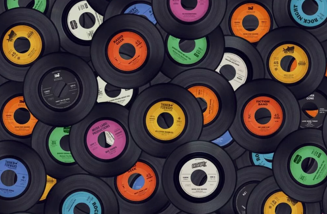 Vintage vinyl records wallpaper design file showing detailed record labels and authentic textures
