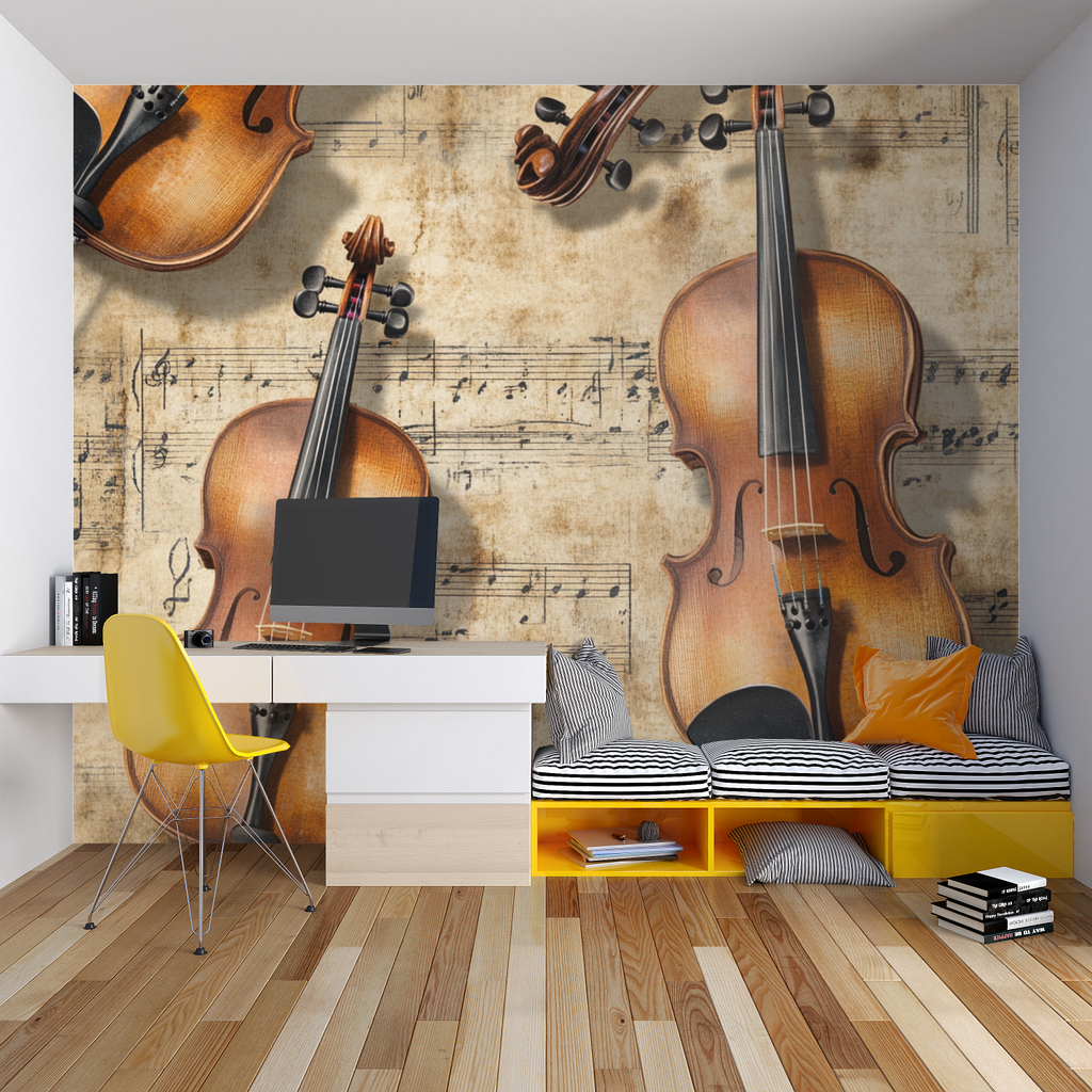 Classical music wallpaper in elegant music room showing vintage violin design against warm lighting