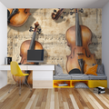 Classical music wallpaper in elegant music room showing vintage violin design against warm lighting