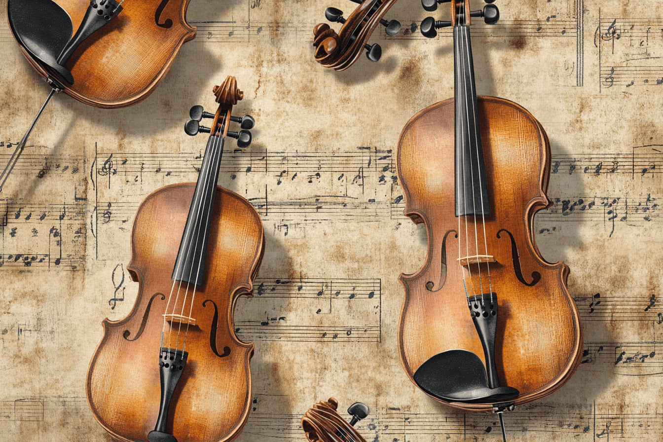 Violin and sheet music design file showing intricate pattern details and warm honey tones