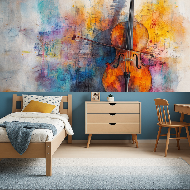 Violin watercolor wallpaper displayed in a music studio, showing scale and vibrant colors