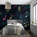 Musical galaxy wallpaper in modern living room showing floating gold and pink notes against dark space background