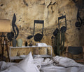 Music Note Wallpaper styled in modern living room with piano, showing flowing musical notation design