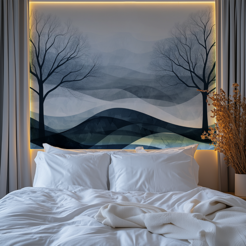 Abstract tree wallpaper creating depth in a modern living room with grey sofa and natural light