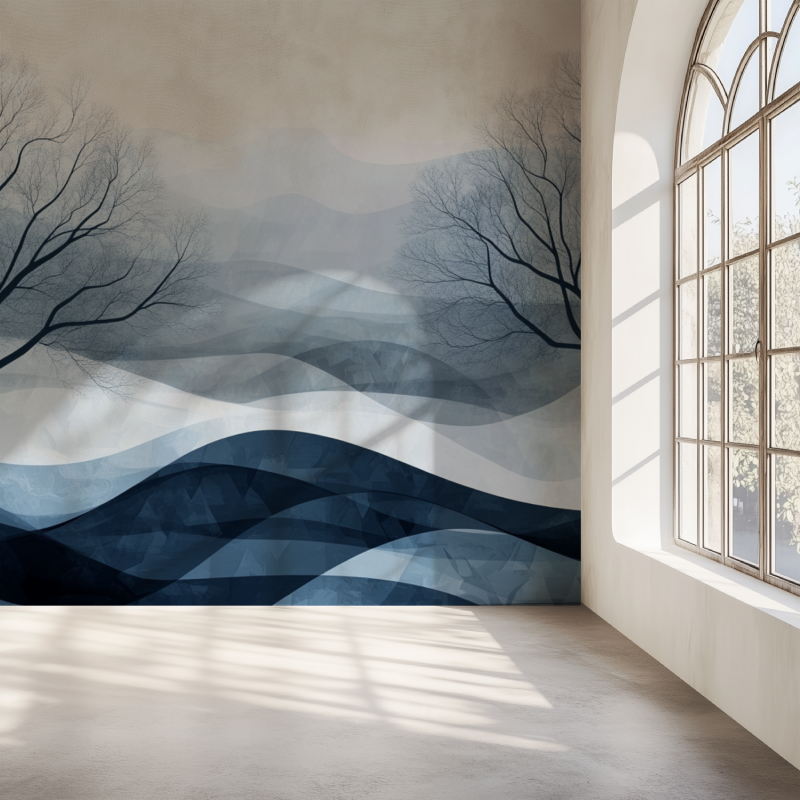Tree silhouette wallpaper adding character to an entrance hallway
