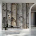 Birch tree bark wallpaper in modern Scandinavian living room with natural light and minimal furniture
