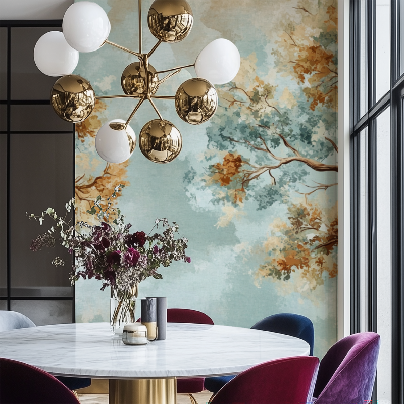 Nature wall mural featuring golden branches in modern living room setting