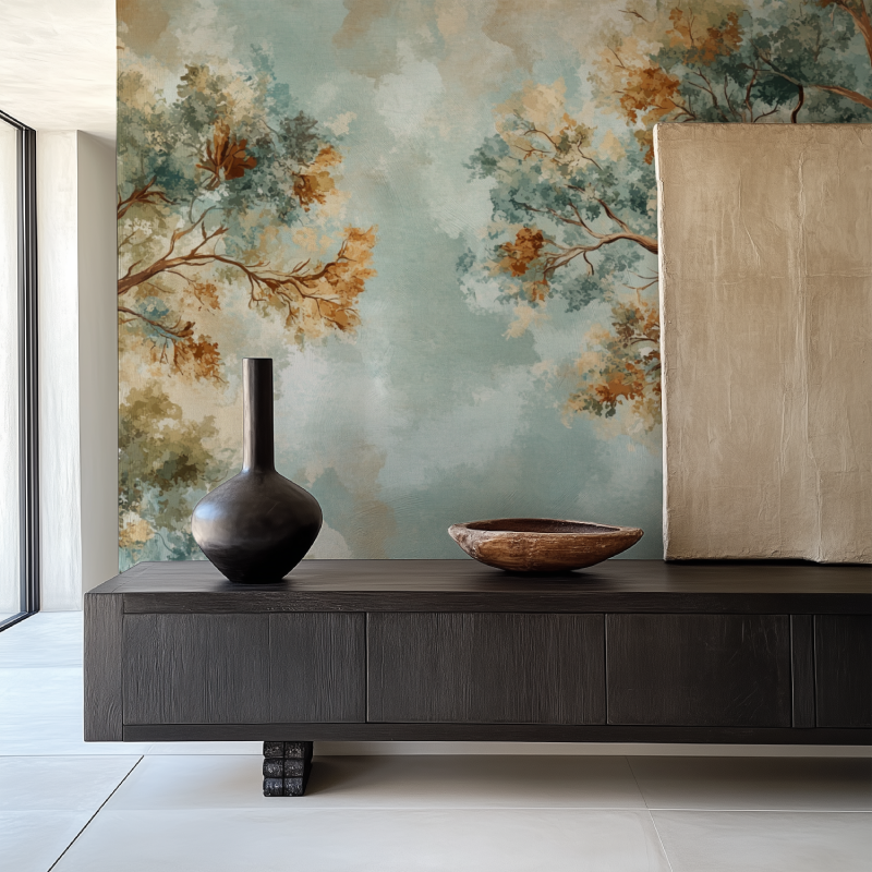 Tree branch wallpaper making statement in home office with natural light