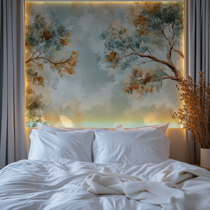 Nature-inspired mural in hallway showing full pattern scale