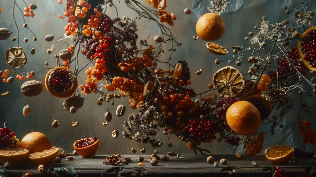 Design file showing detailed floating fruits and citrus pattern on grey background