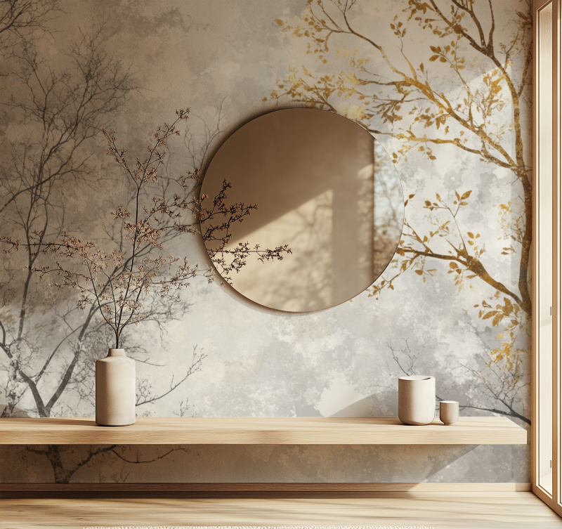 Metallic tree branch wallpaper creating a stunning focal point in a modern living room with afternoon light