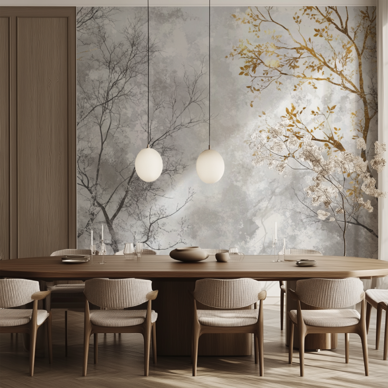 Silver and gold tree mural adding sophistication to a dining room space
