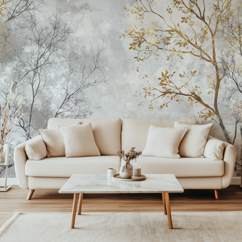 Golden branch pattern creating depth in a home office setting
