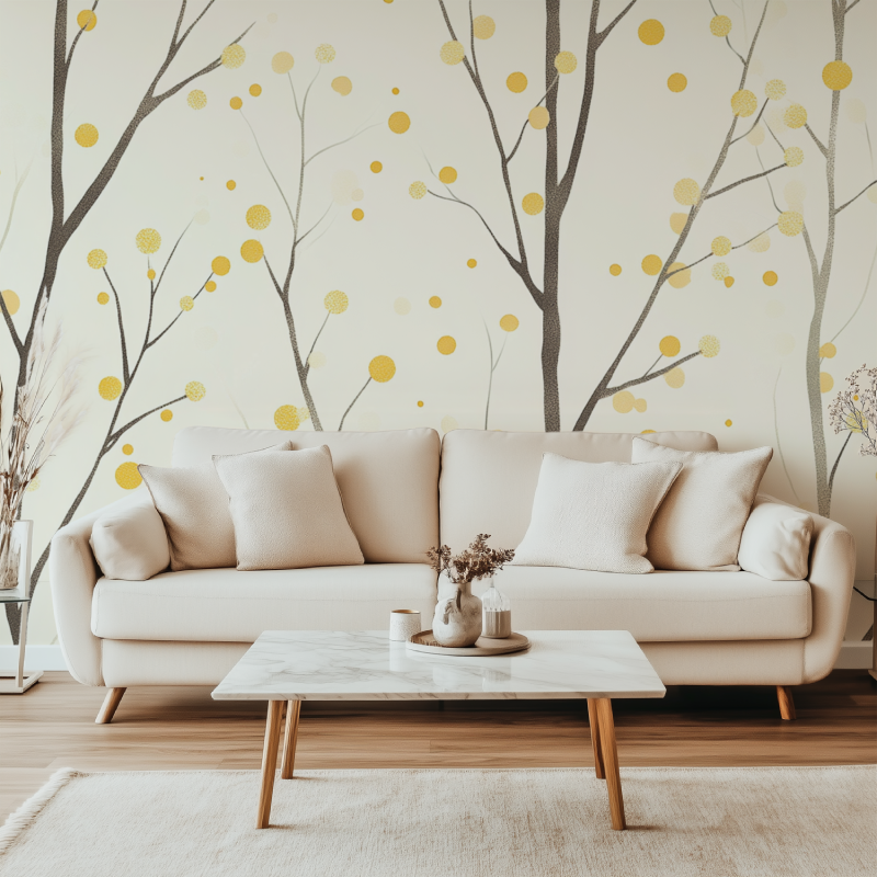 Nature mural wallpaper with golden dots and grey branches creating an elegant backdrop in a modern living room