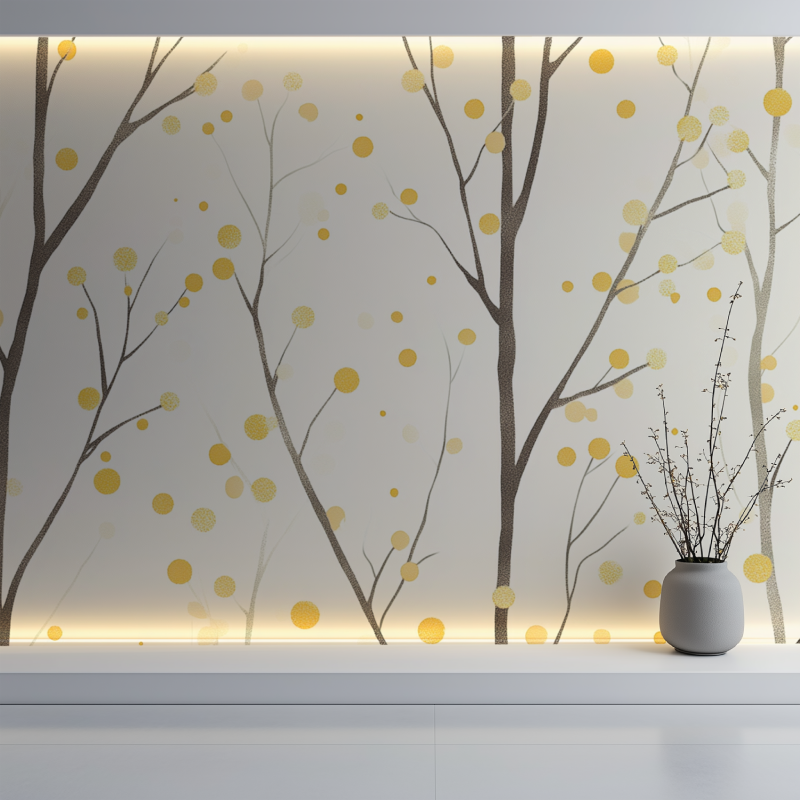 Botanical wall mural featuring golden accents in a bright dining room setting